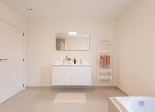 Moderne badkamer in nieuwbouwwoning met dubbele wastafel en spiegelkast